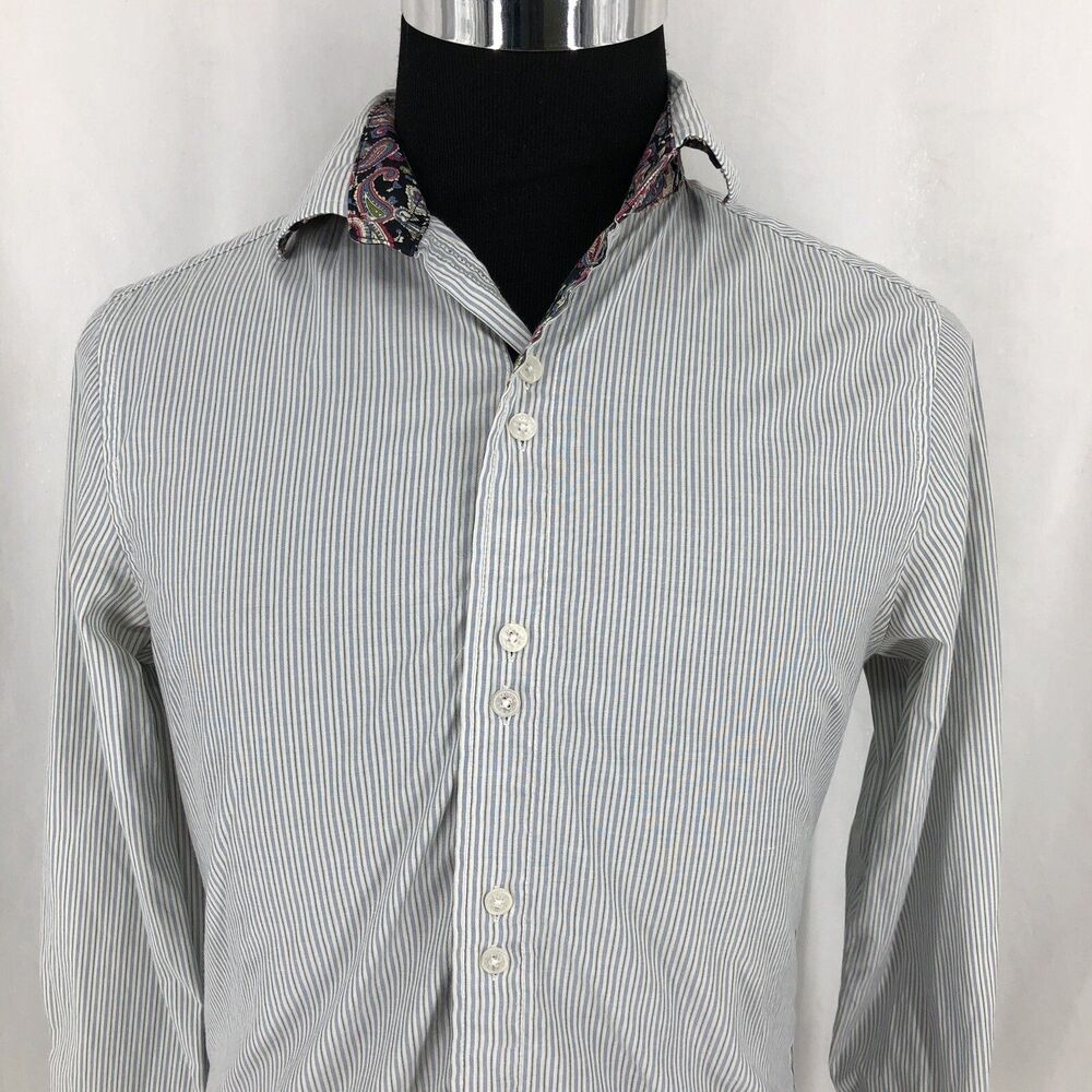 John Lennon Imagine Blue White Striped Button Up Paisley Flip Cuff Shirt Small